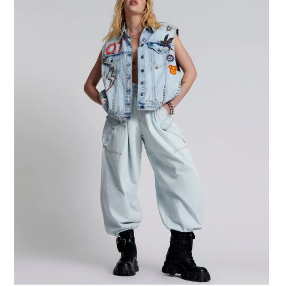 One Teaspoon Denim Light Blue Parachute Pants High Waist/Elastic 90's Inspired - Picture 1 of 5